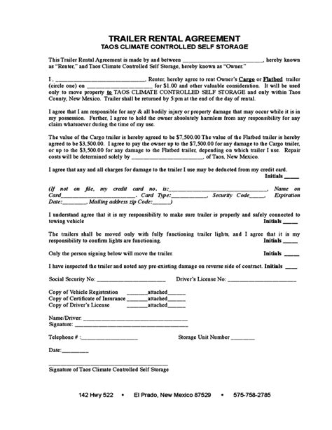 Sample Trailer Rental Agreement Free Download