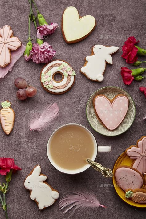 Stylish Aesthetic Easter Decorated Cookies Coffee Cup Feathers And