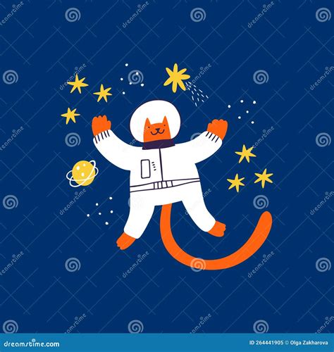 Cute Red Cat Astronaut Flying In Outer Space Hand Drawn Kitty Wearing