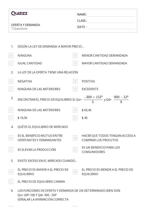 50 Oferta Y Demanda Hojas De Trabajo Para Grado 11 En Quizizz Gratis