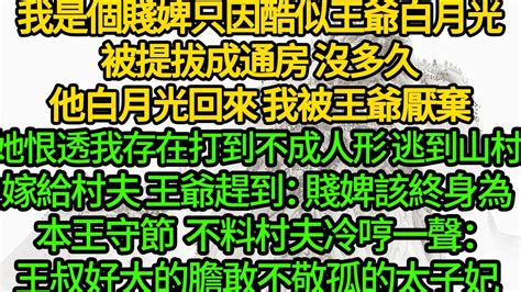 我是個賤婢只因酷似王爺白月光，被提拔成通房，沒多久他白月光回來 我被王爺厭棄，她恨透我存在打到不成人形，逃到山村嫁給村夫 王爺趕到：賤婢該終身