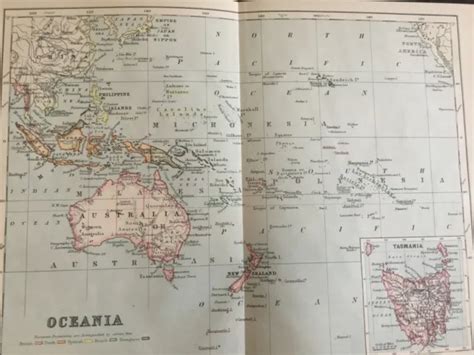 Antique Map Oceania Tasmania Australia Colour Map Of The World Dated