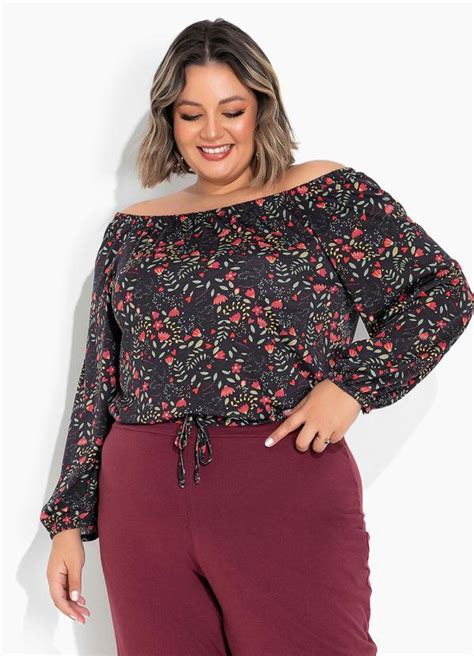 Blusa Ciganinha Floral Preta Plus Size Marguerite