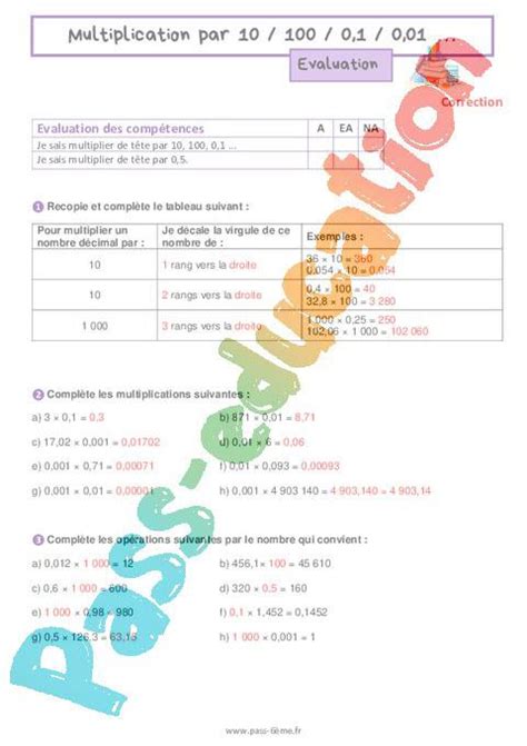 Multiplication Par 10 100 0 1 0 01 Evaluation De Nombres Et