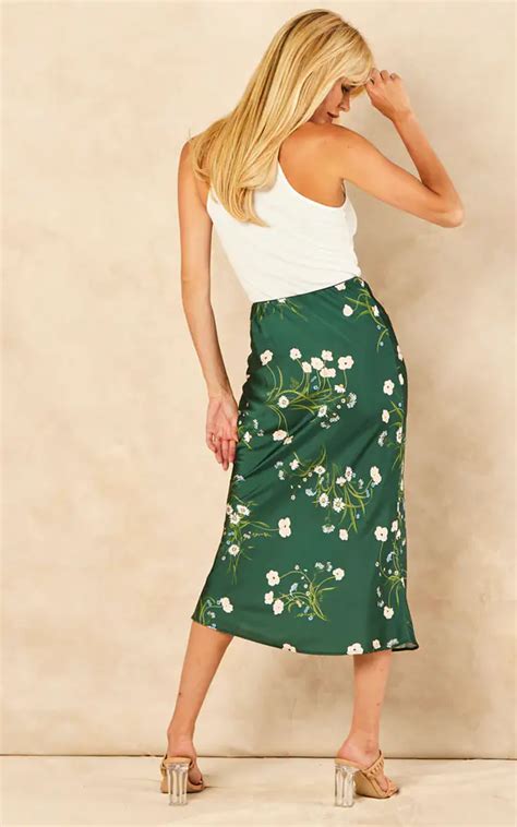 Floral Print Midi Skirt Green Urban Touch Silkfred Us