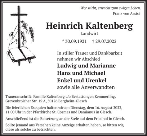 Traueranzeigen Von Heinrich Kaltenberg WirTrauern