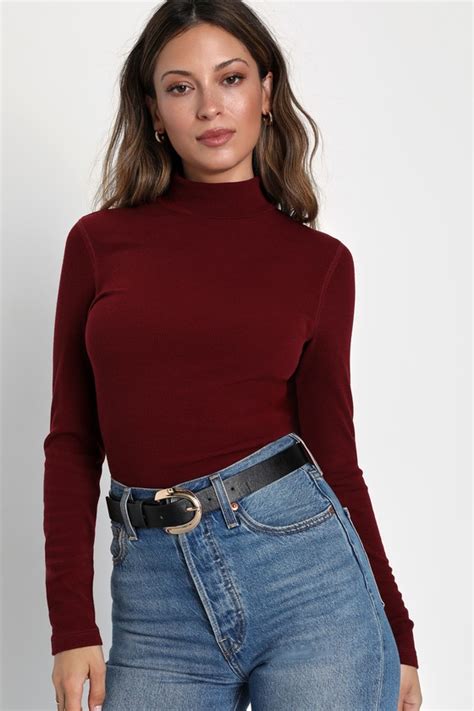 Burgundy Long Sleeve Top Mock Neck Top Burgundy Ribbed Top Lulus