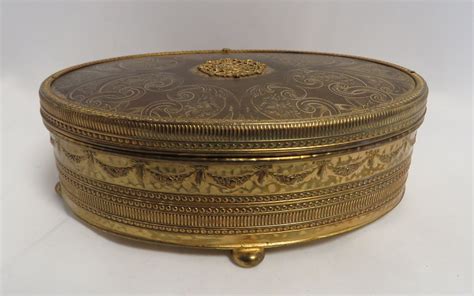 Vintage Gilt Metal Ornate Footed Oval Jewelry Box Etsy