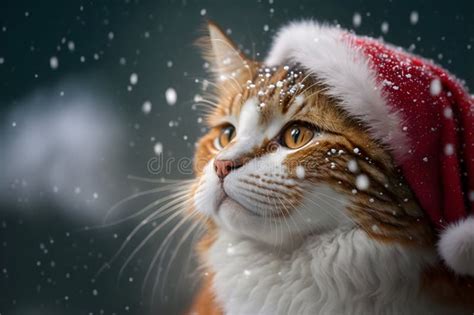 Gato Con Sombrero De Santa Roja En El Fondo Nevado De Bokeh De Navidad