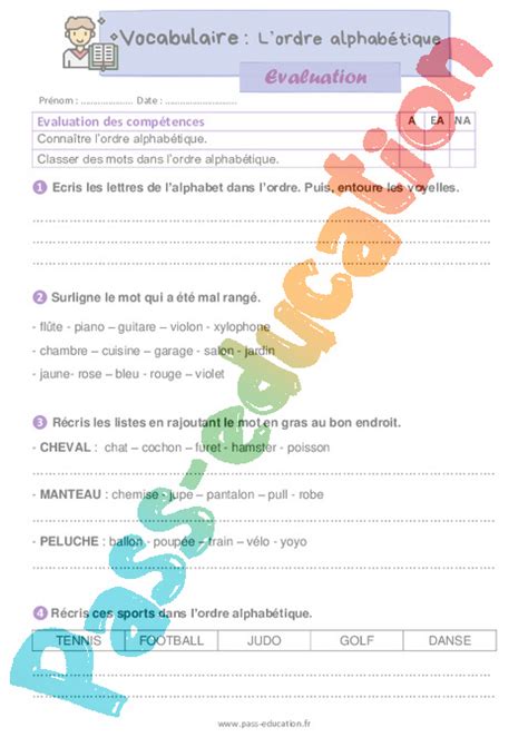 Ordre alphabétique Évaluation de vocabulaire pour le ce1 PDF à imprimer