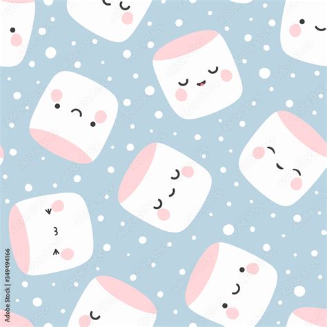 Marshmallow Cute Face Character Seamless Pattern Vector Illustration