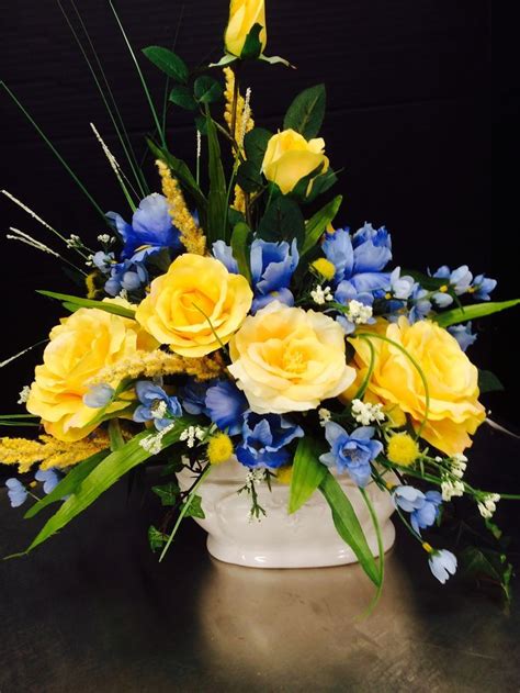 Yellow Roses And Blue Flowers Bouquet