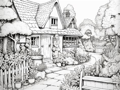 Premium AI Image | Drawing of a house with a garden and a bench in ...