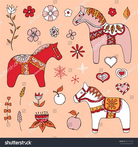 Dala Horses Hand Drawn Set Stock Vector (Royalty Free) 427172539 | Shutterstock