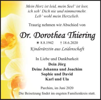 Traueranzeigen Von Dr Dorothea Thiering Trauer Nordkurier