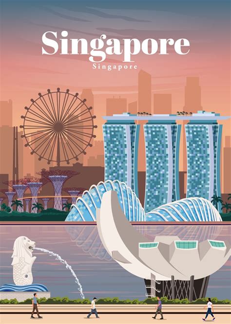 An Advertisement For Singapore With People Walking By The Water And Ferris Wheel In The Background