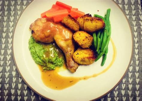 Roasted Chicken Leg With Pea Puree And Turmeric Potatoes Recipe By Lyndsey The Cozy Kitchen