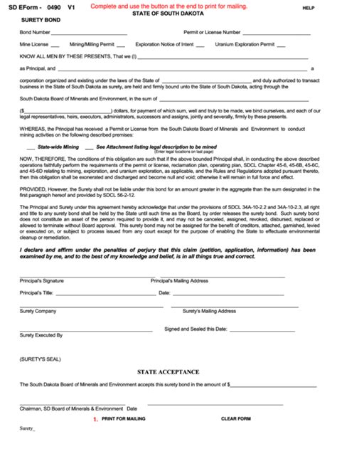 Fillable Sd Eform Surety Bond South Dakota Printable Pdf