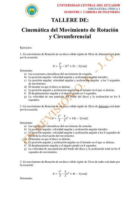 Taller De Cinem Tica De Rotaci N Asignatura F Sica Semestre