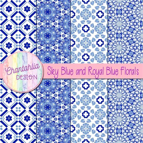 Free Sky Blue And Royal Blue Digital Papers With Florals Designs