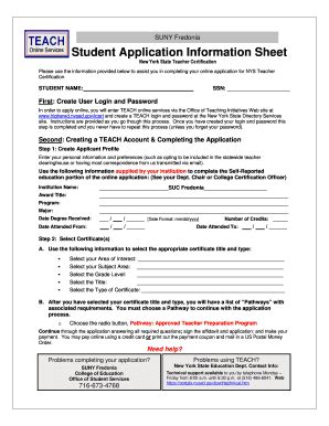 Fillable Online Fredonia Student Application Information Sheet SUNY