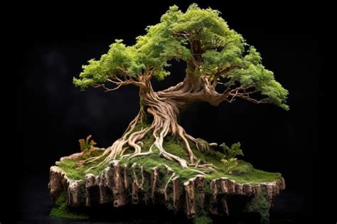 Premium Ai Image Bonsai Tree With Exposed Roots On A Mossy Surface