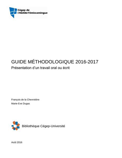 Pdf Guide M Thodologique Pr Sentation D Un Travail Oral Ou Crit