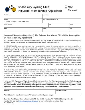 Fillable Online Space City Cycling Club Membership Application League