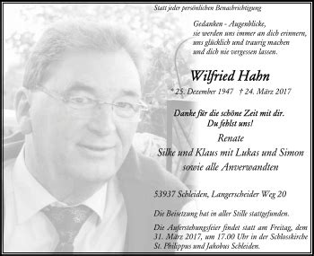 Traueranzeigen Von Wilfried Hahn Wirtrauern