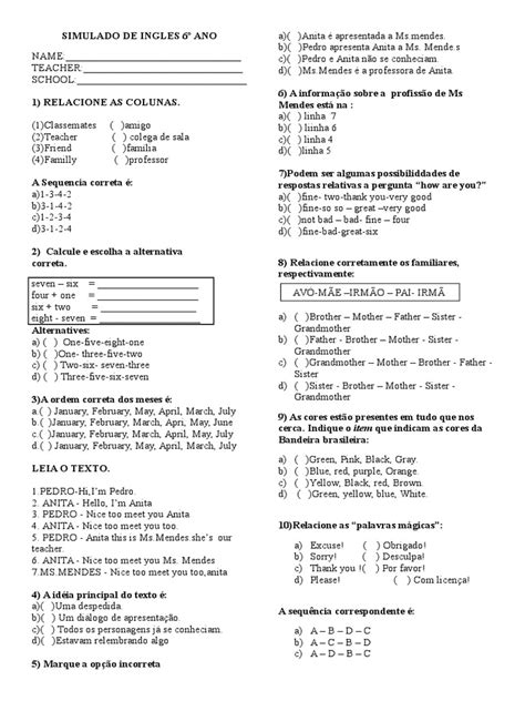 Simulado De Inglês 6 Ano Com Gabarito - Simulado de Inglês 6º Ano | PDF | Cor