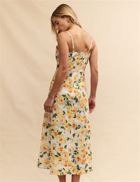 Yellow Floral Linen Blend Pippin Midi Dress