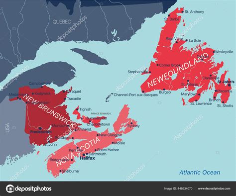 Mapa Edit Vel A Cores Vetorial Das Prov Ncias Atl Nticas Do Canad New