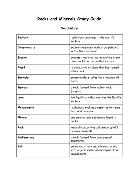 Rocks And Minerals Study Guide