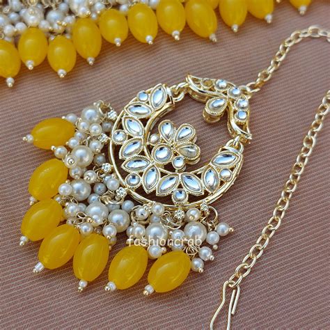 Yellow Pearl Kundan Set For Saree Fashioncrab