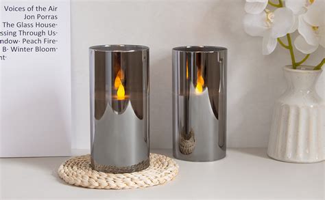 Vtobay Silver Grey Glass 4x8 Inches Led Flameless Candles