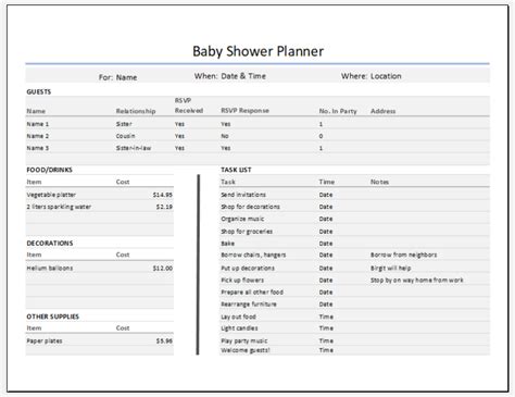 Baby Shower Guest Food Task Planner Excel Templates