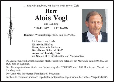 Traueranzeigen Von Alois Vogl Mittelbayerische Trauer