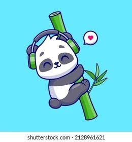 Vektor Stok Cute Panda Hug Bamboo Headphone Cartoon Tanpa Royalti