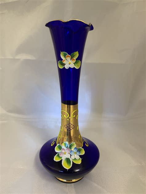 Venetian Cobalt Blue Gold Enameled Applied Flowers Bud Vase Murano Italy 8 Bud Vases