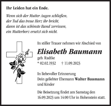 Traueranzeigen Von Elisabeth Baumann M Rkische Onlinezeitung Trauerportal