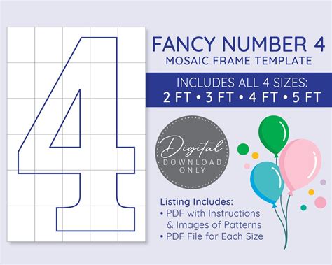 Fancy Number 4 Mosaic Digital Template 2 Ft, 3 Ft, 4 Ft, 5 Ft, Fancy ...