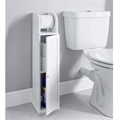 White Wood Free Standing Toilet Paper Roll Holder Bathroom Storage