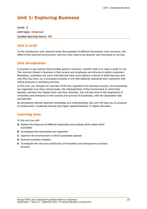 Specification Pearson Btec Level 3 National Foundation Diploma In Business Pearson Btec