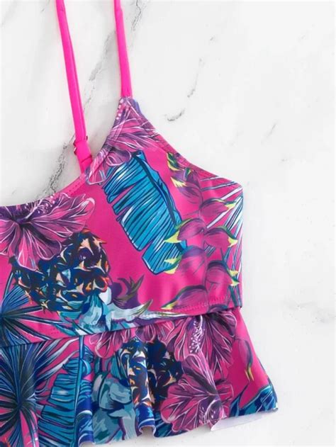 Tropical Print Ruffle Hem Drawstring Side Bikini Swimsuit Women S Store