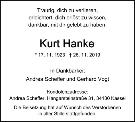 Traueranzeigen Von Kurt Hanke Trauer HNA De