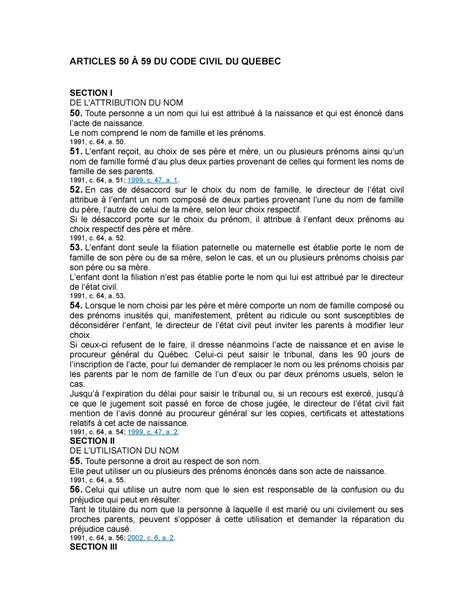 Articles 50 À 59 DU CODE Civil DU Quebec ARTICLES 50 À 59 DU CODE