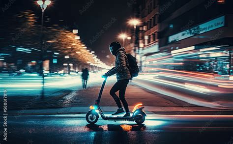 Person Riding An Electric Stand Up Scooter At Nightconceptual City