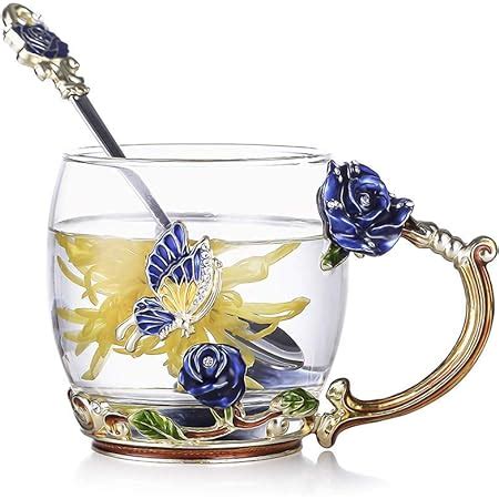 Luka Tech Handmade Enamel Butterfly Flower Glass Coffee Mugs Tea Cup