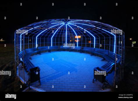 Large Metal Arbor With Blue Backlight In The Evening Stock Photo Alamy