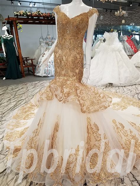 Gold Wedding Dress Mermaid Bling V Neck Bridal Gown